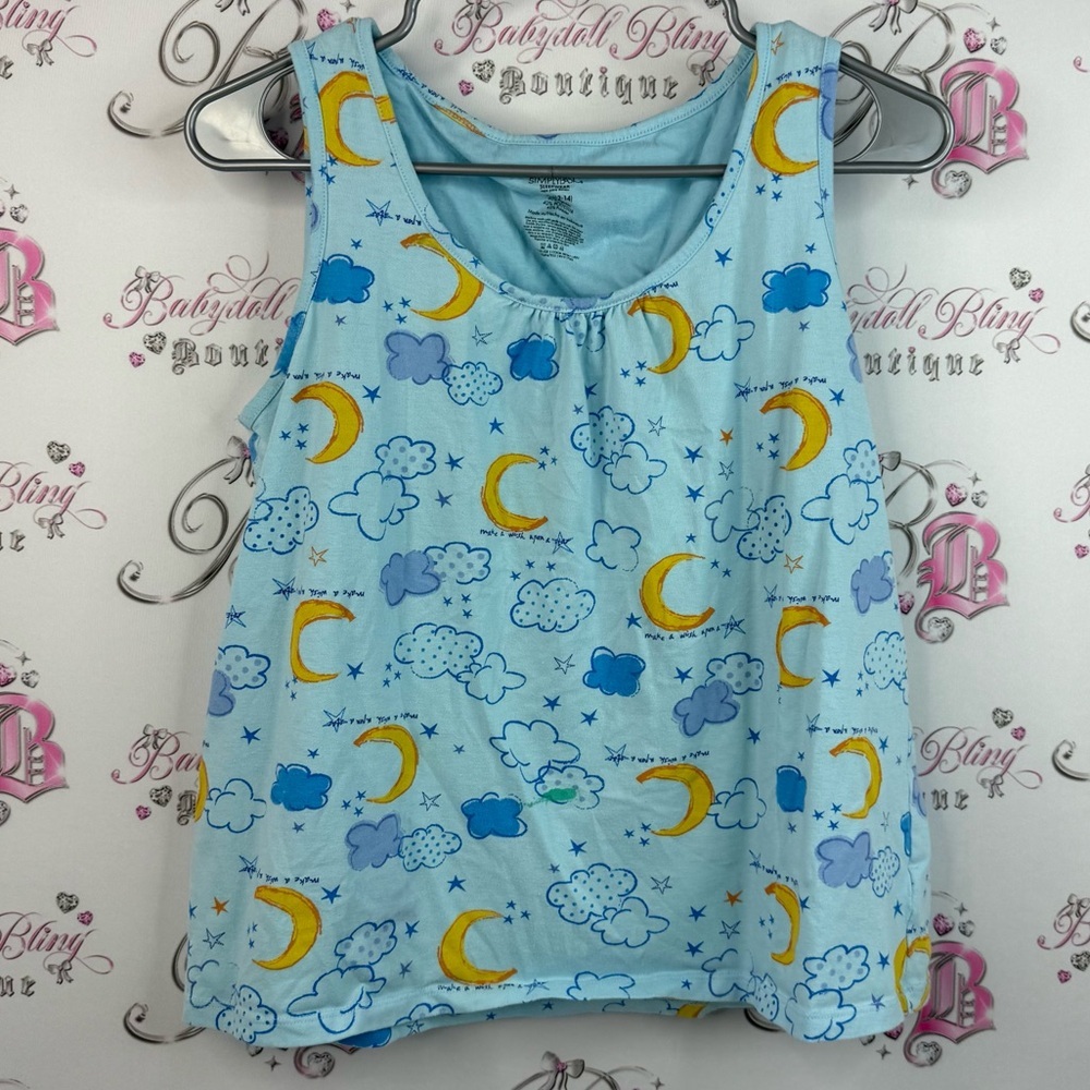Simply basic tank top sleep moon Blue Sleeveless Top with Moon and Cloud Print